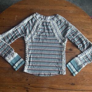 FREE PEOPLE Striped Waffle-knit Long Sleeve Top with Crochet Details